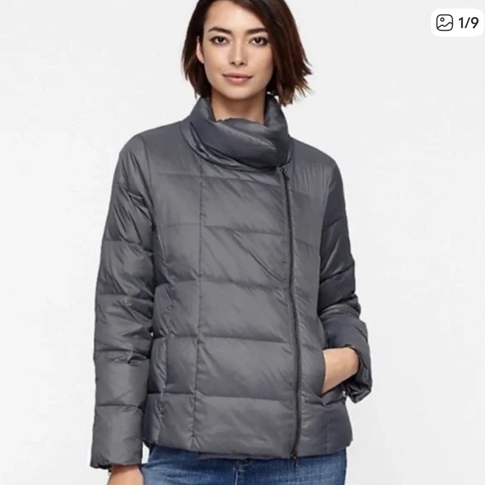 Eileen Fisher Quilted Asymmetrical Full Zip Up Down Puff Gray Puffer Jacket M